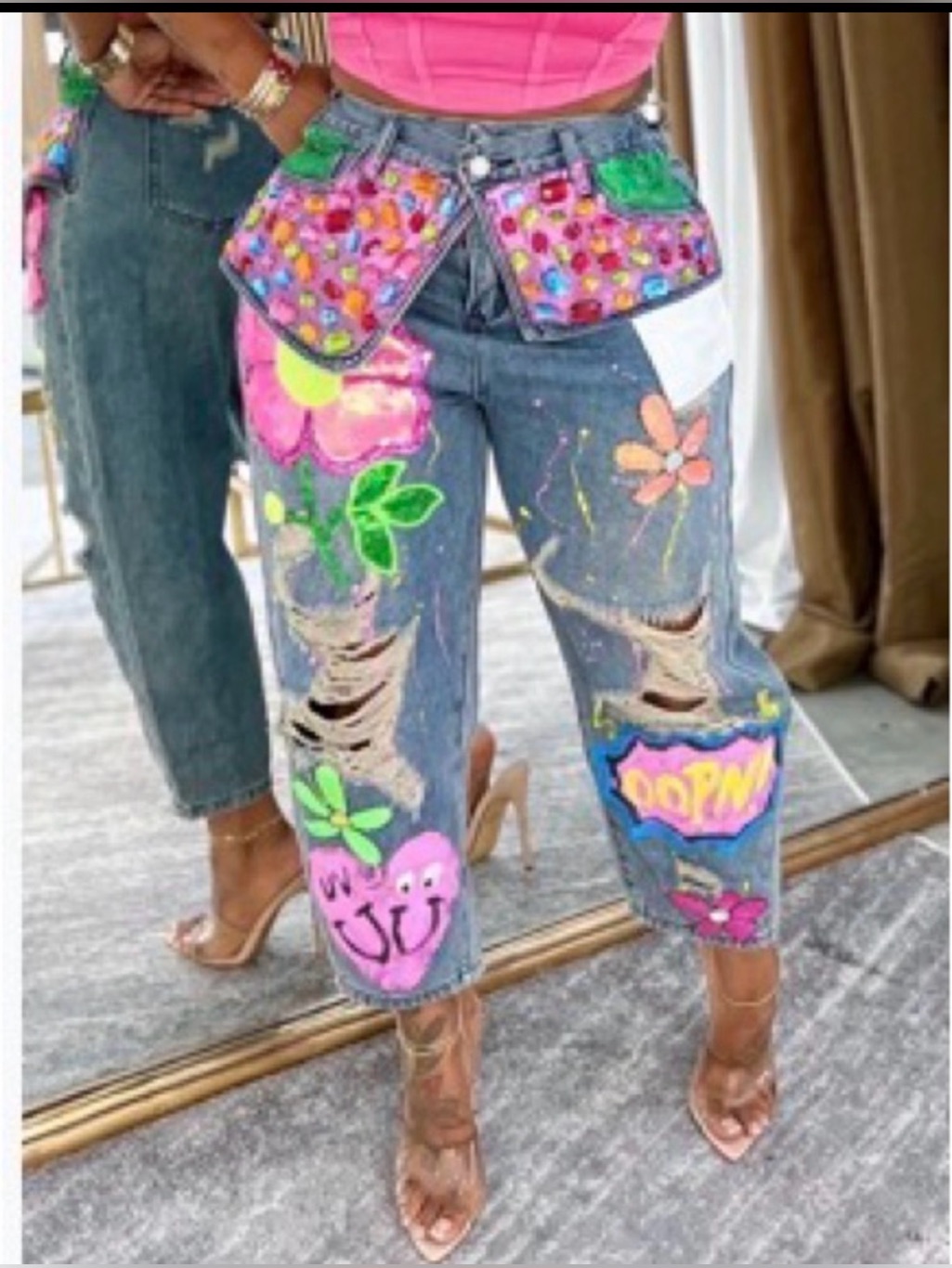 Hand-Painted Distressed Jeans With Colorful Cartoon Patches